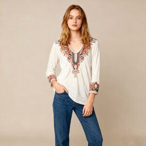 NWOT Johnny Was Embroidered Floral 3/4 Sleeves Tee T-Shirt Size M White